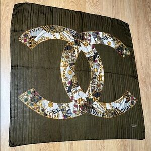 Chanel 34” Square Sheer Silk Vintage Olive Green Scarf